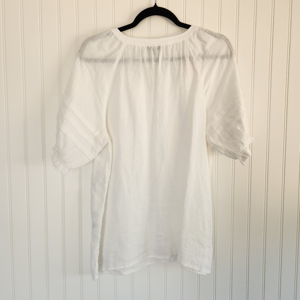 TALBOTS White 100% Linen Euro Summer Cottagecore Puff Sleeve Blouse Top Medium - Picture 4 of 6